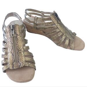 Aerosole A2 Caged Wedge Sandals Size 6.5 Snakeskin Print Beige Gold Comfort Shoe
